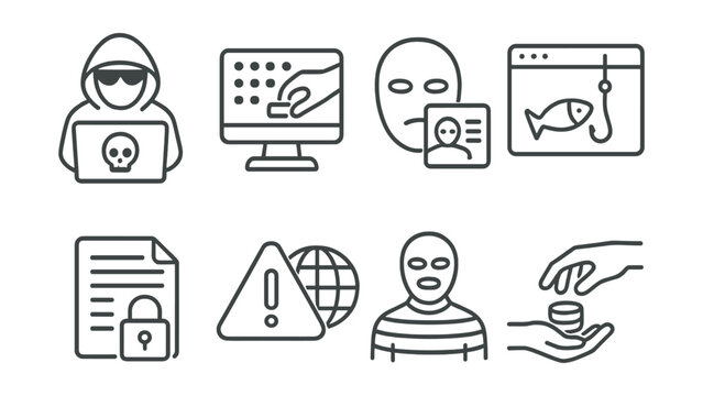 Line style icons of cybercrime: hacker laptop, digital theft, identity fraud, online scam, ransomware demand, breach alert, criminal icon, illegal activity.
