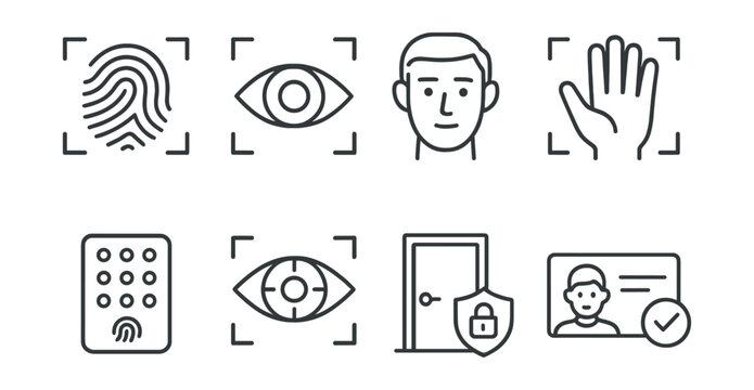 Line vector icons of financial security: biometric check, passcode input, safe vault, identity verify, security update, warning icon, authentication lock, firewall protection.