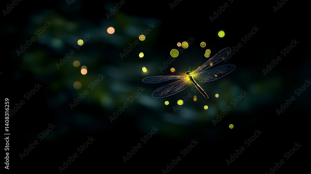 Poster illuminated dragonfly with glowing wings and bokeh effect against a dark background depicting magica