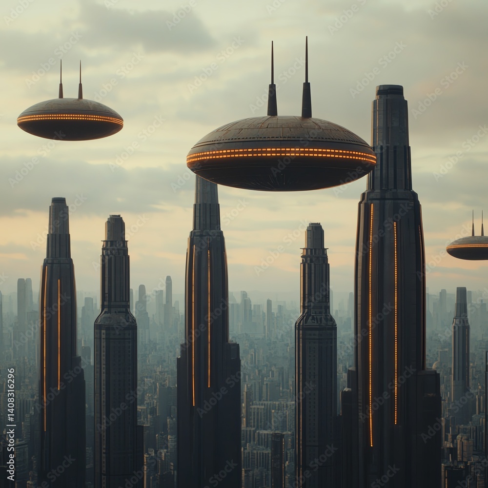 Poster futuristic city skyline with floating structures.