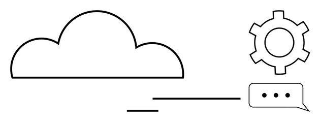 Cloud shape with motion lines, gear symbol, and chat bubble. Ideal for cloud storage, data flow, technology, computing, connectivity, workflow and simple landing page