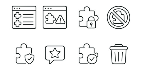 Line style icons of browser plugin security: extension list, permission alert, secure add-on, plugin blocker, safe plugin, review icon, signed plugin, uninstall option.