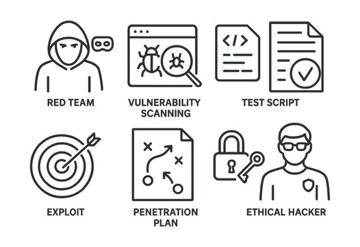 Line style icons of penetration testing: red team icon, vulnerability scan, test script, test result, exploit icon, penetration plan, access test, ethical hacker.