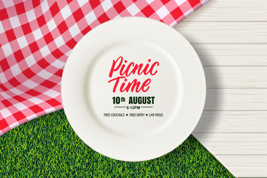 Picnic banner, poster design with empty white plate on tablecloth on grass background. Vector realistic illustration - Powered by Adobe