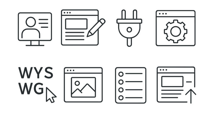 Line vector icons of CMS platforms: content manager, page editor, plugin icon, theme settings, WYSIWYG tool, media library, category menu, publishing icon.