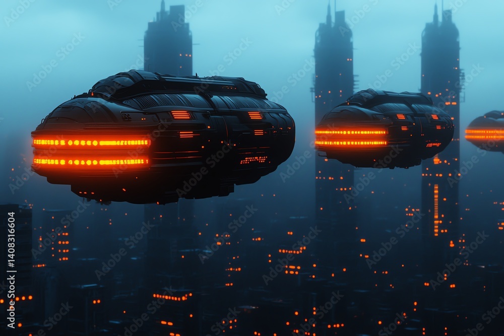 Poster futuristic cityscape with hovering spaceships.