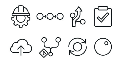 Set of icons: hard hat, process, branch, checklist, cloud upload, flowchart, cycle, circle.