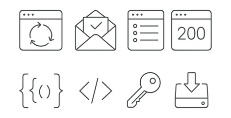 Set of icons: refresh, envelope, checklist, calendar, curly braces, code, key, download.
