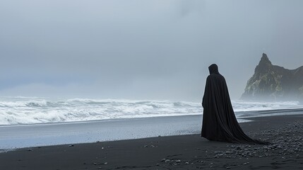 Mysterious figure in a dark cloak standing on a black sand beach near cliffs under a moody sky