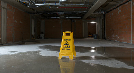 Cautionary Sign In Dilapidated Interior Of Abandoned Building In Disrepair