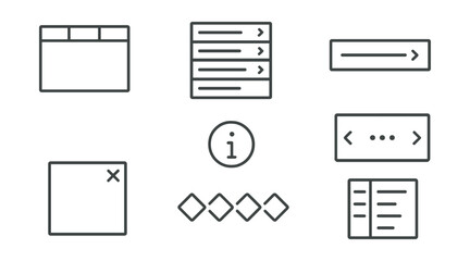 Set of line icons: browser window, list, arrow, close, info, diamonds, menu.
