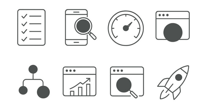Line vector icons of pre-launch checklist: checklist icon, mobile test, performance test, cross-browser check, final commit, analytics setup, SEO check, deployment ready, rocket