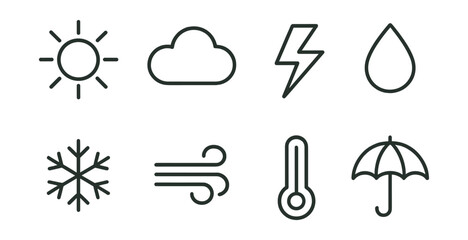 Set of weather icons: sun, cloud, lightning, raindrop, snowflake, wind, thermometer, umbrella.