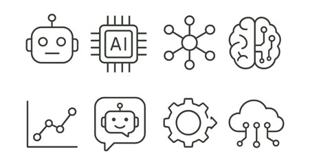 Set of AI-related icons: robot, AI chip, network, brain, chart, speech bot, gear, cloud.