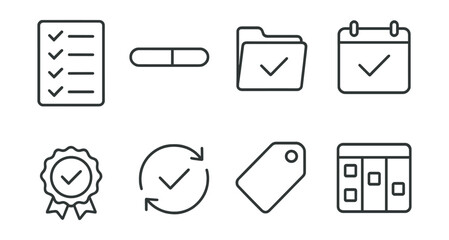 Line vector icons of task management: checklist, progress bar, task folder, due date icon, completed badge, recurring task, tag label, project board.