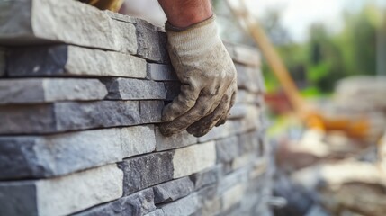 Masonry worker laying stones for a garden wall at a residential site. Featuring craftsmanship and technique