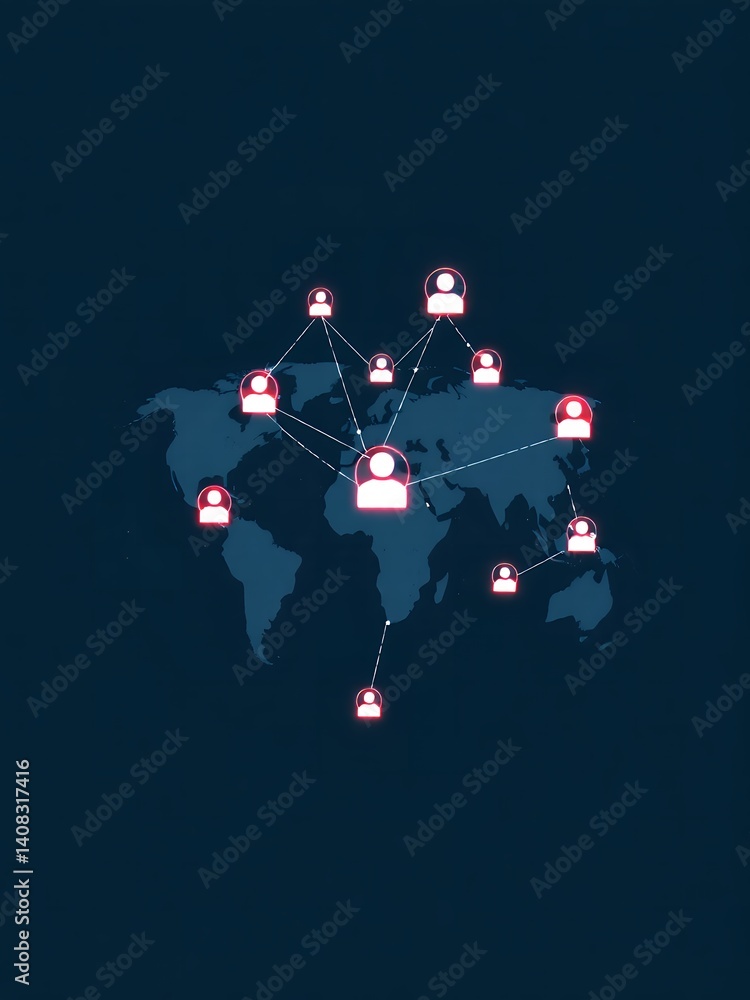 Poster a world map with interconnected people icons on a dark background showing global network