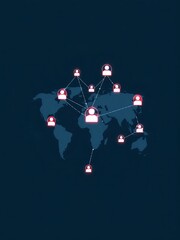 A world map with interconnected people icons on a dark background showing global network