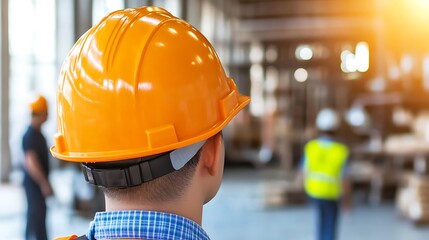 Industrial worker wearing safety helmet observes colleagues.