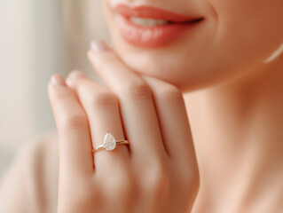 Naklejka premium Elegant blond woman showcasing her beautiful hand adorned with a stunning ring in a soft, natural light setting