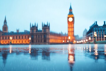 Fototapeta premium Historic clock tower in a rainy London scene.