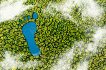 A lake in the shape of human footprints in the middle of a lush forest as a metaphor for the impact...