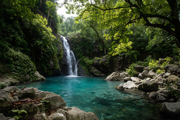 A beautiful waterfall cascading down into a clear blue pool surrounded by vibrant green foliage and lush nature