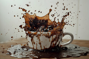 Coffee splashing from a cup, creating a dramatic effect.