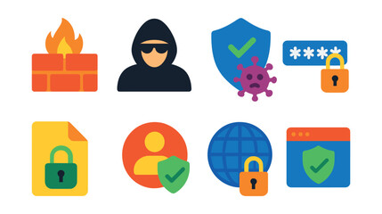 Fototapeta premium Set of cybersecurity icons: firewall, hacker, shield, password, document, user, globe, browser.