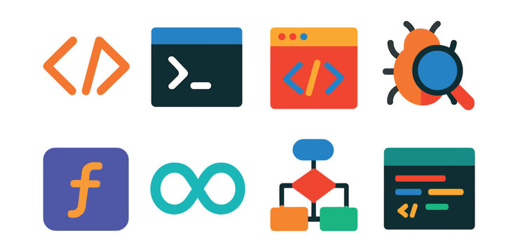 Set of coding icons: code, terminal, browser, bug, function, infinity, flowchart, code file.