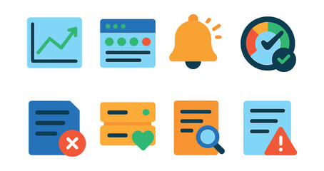 Set of icons: graph, browser, bell, gauge, document, message, search, alert.