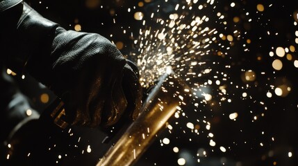 Metalworker cutting steel with an angle grinder at a workshop. Featuring sparks and precision