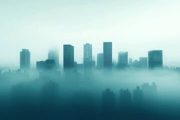 Obraz premium Misty skyline view of urban city buildings.