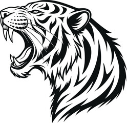 Roaring Tiger Head Tattoo-Inspired Line Art in Black and White

