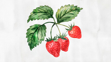 Watercolor illustration of fresh strawberries with bright green leaves. The artwork captures the vibrant colors and natural detail of the fruit and foliage on a pale background.