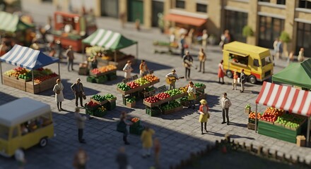 Obraz premium People at Outdoor Market with Produce and Food Truck