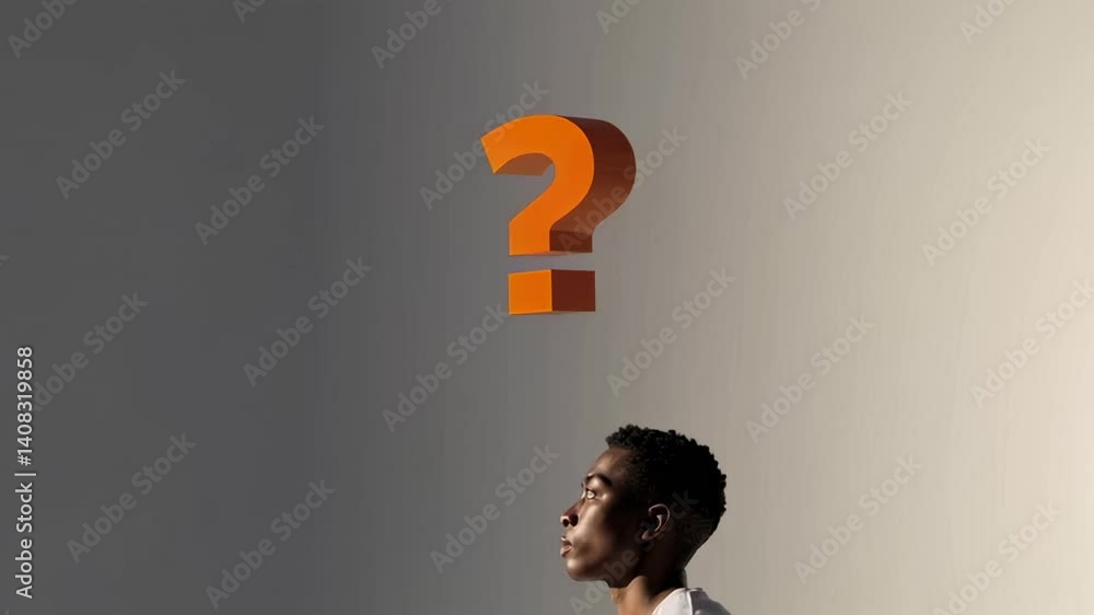 Poster thoughtful young man looking at a floating question mark changing colors, from light blue to yellow 