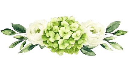 Delicate arrangement of pastel green hydrangeas and white roses.