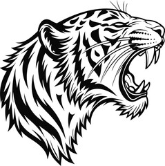 Roaring Tiger Head Tattoo-Inspired Line Art in Black and White

