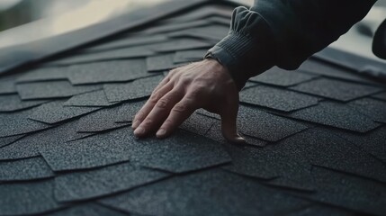 Roofing contractor installing new shingles. Featuring expertise and care