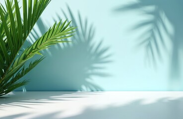 Fototapeta premium Empty display stand with natural palm leaves, shadows. Pastel blue background. Showcase cosmetic product, beauty, fashion. Blank space for brand advertising, product demo, promotion, presentation.