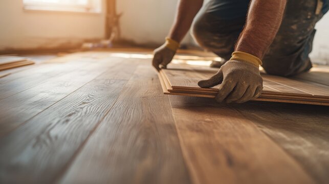 Carpenter installing a wooden floorboard in a home. Featuring craftsmanship and precision