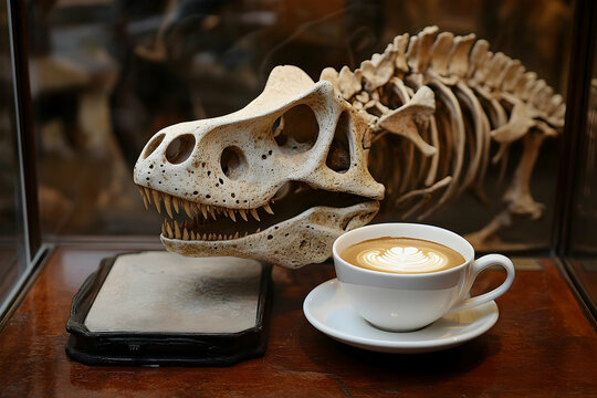 A dinosaur skeleton's artful display beside a cup of coffee.