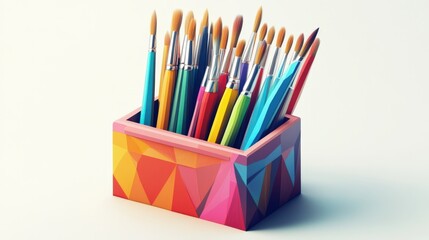 Colorful paintbrushes in a geometrically patterned storage box.