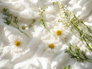 Botanical spring flat lay with flowers and natural elements, top view, no people, soft pastel vibe.