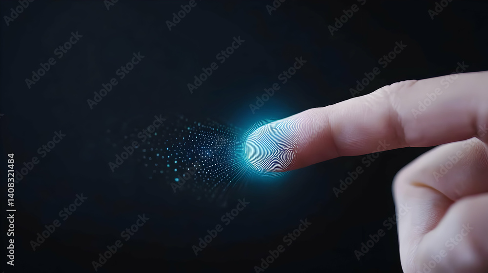 Poster person scanning digital fingerprint with blue light on a dark background for security authentication