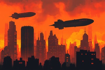 Naklejka premium Silhouetted city skyline against a fiery sunset.