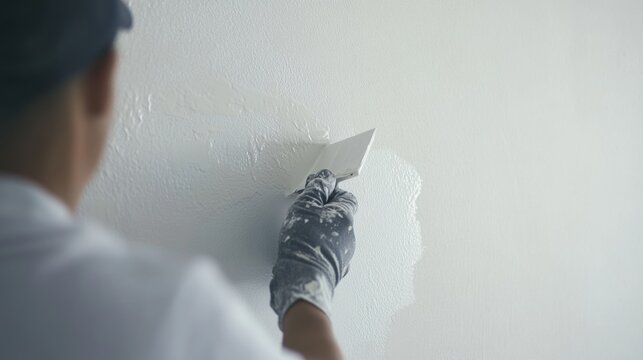 Painter preparing a wall for painting in a living room. Featuring preparation and detail