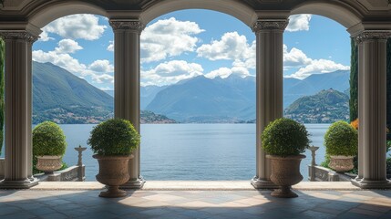 Serene Lakeside Villa: Majestic Mountain View Through Classical Columns