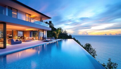 Fototapeta premium Luxury Cliffside Villa with Infinity Pool and Ocean View at Sunset
